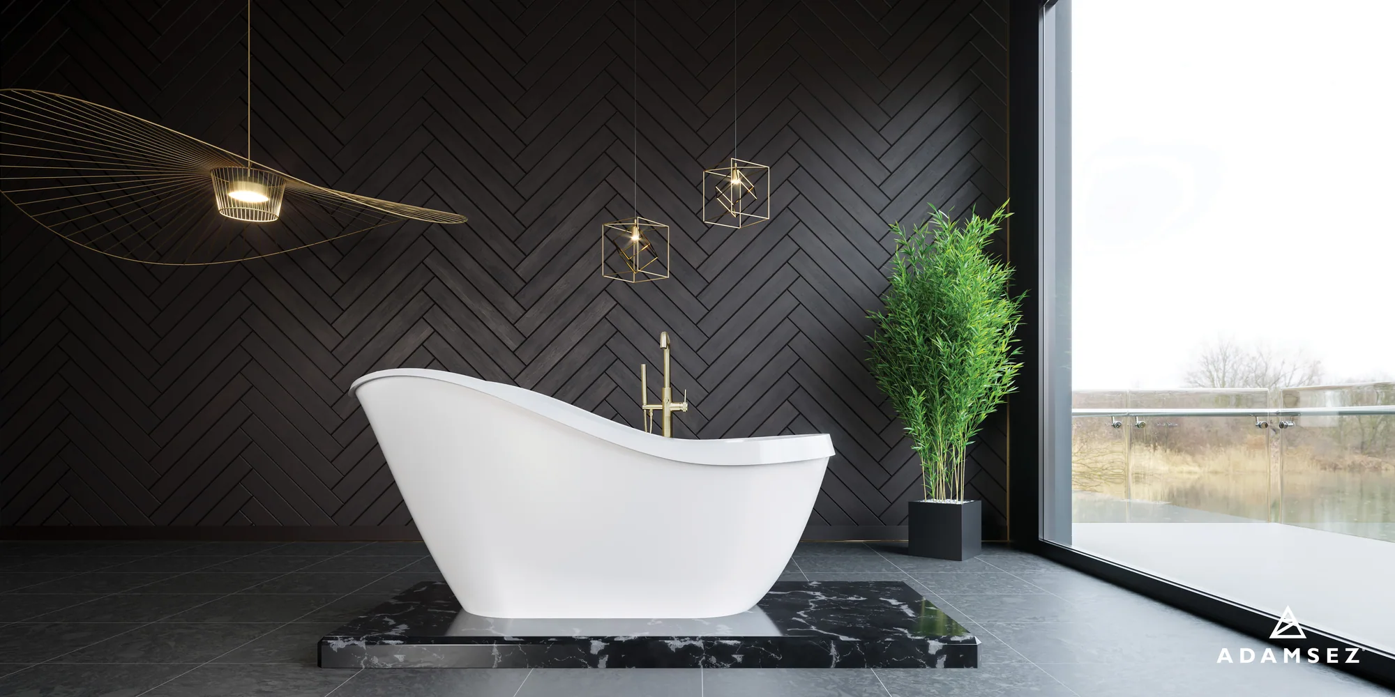 Adamsez Lincoln freestanding bath in a rich, dark bathroom with brass lighting