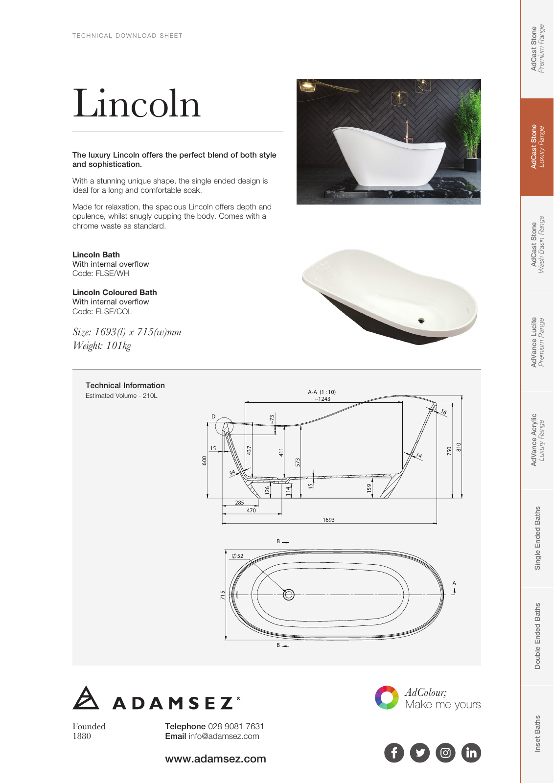 Adamsez Lincoln technical sheet: dimensions 1693 by 715 millimetres, weight 101 kilograms, estimated volume 210 litres, and side and plan drawings